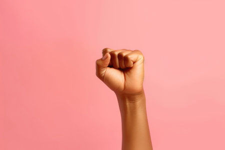 A woman hand on a pink background. Girl power concept.の素材