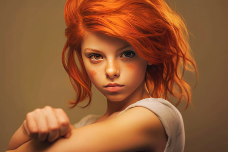 Strong confident girl with red hair clenching her fist looks at the camera. We can do it. Woman's fist of female power. The feminine power. Female empowerment. The strength of women.の素材
