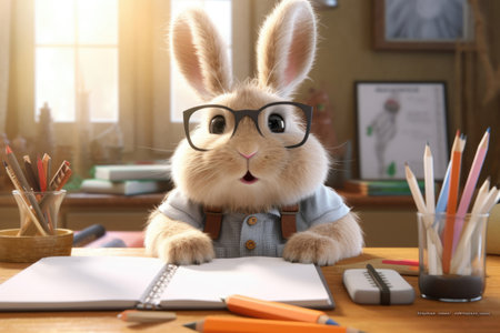 Cute cartoon bunny wearing glasses sits at his desk and looks at the camera. Notepad with pencils. Back to school concept, start of the school year. Studiesの素材