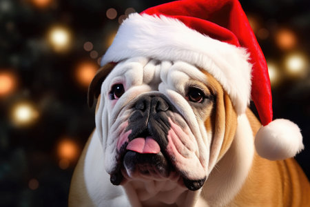 Funny english bulldog wearing santa hat on the christmas tree background.の素材