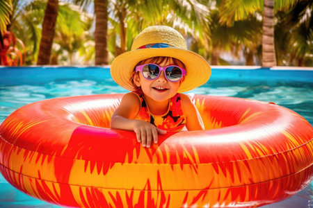 Happy smiling girl in sunglasses and a sun hat in a pool with an inflatable ring swims in sunny day. Vacation, active recreation with childrenの素材