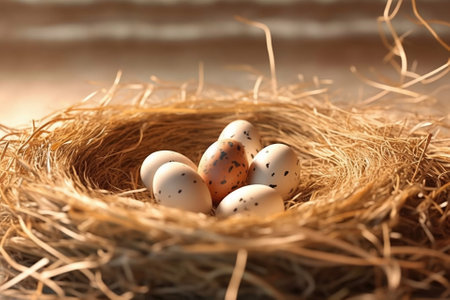 Heap of quail eggs in a straw nest. Farming conceptの素材