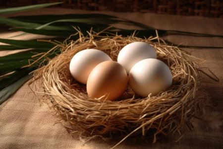 Heaps of chicken eggs lie in a nest with space for text. Farming concept. Bannerの素材