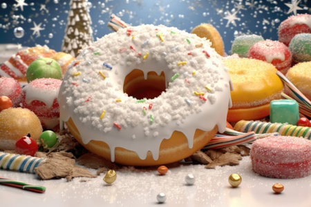 Christmas and New Years sweets. Donuts and decorations. Background with place for textの素材