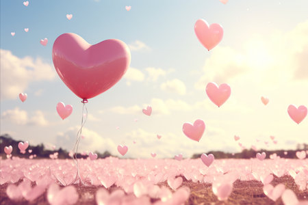 Romantic Pink Heart-Shaped Balloons Floating in the Sky for Valentines Day Celebration.の素材