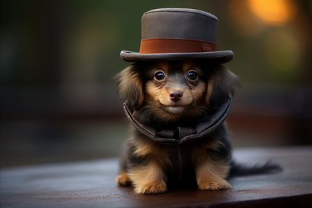 Cute Little Puppy Wearing Vibrant Top Hat, Looking Adorable and Stylish, Perfect for Text Placement.の素材