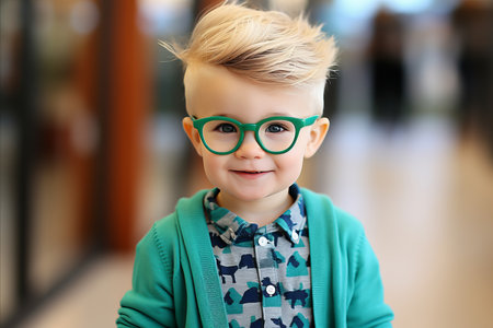 Happy Boy in Stylish Glasses Celebrating St. Patricks Day in Festive Green Attire.の素材