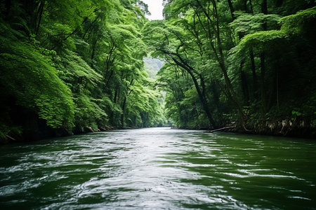 Sustainable Serenity. Vibrant Forests and Crystal-clear Rivers Reflecting a Lush Green Earth.の素材