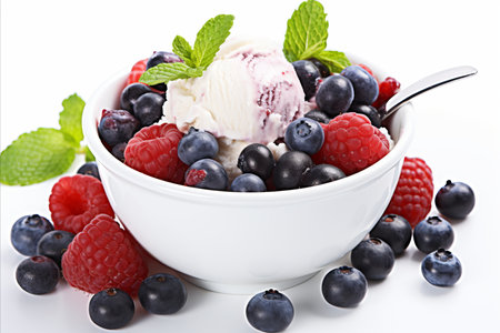 Scrumptious Ice Cream Dessert Topped with Freshly Picked Juicy Berries - Perfect Summertime Treatの素材