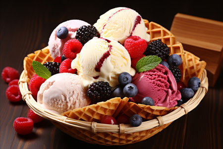 Delectable Creamy Ice Cream Delight Adorned with an Assortment of Fresh, Juicy Berriesの素材