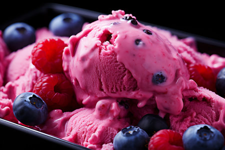 Delicious Pink Ice Cream Dessert with Fresh Berries - Juicy Blueberries and Plump Raspberriesの素材