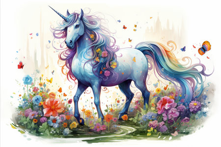 Whimsical Unicorn Surrounded by a Bouquet of Vibrant and Delicate Flowersの素材