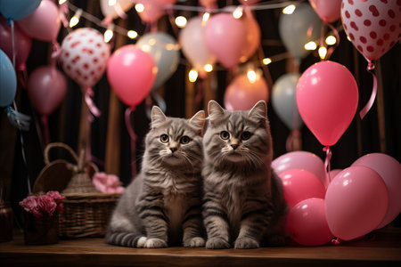 Two Cats Celebrating Love with Pink Balloons on Valentines Day. Perfect Anniversary or Card Imageの素材