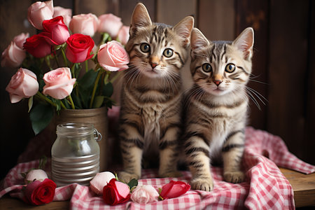 Valentines Day. Cute Cats with Roses, Ideal for Romantic Designs and Love-themed Projectsの素材