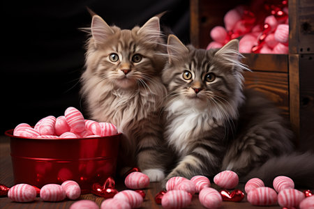 Valentines Day Feline Friends Delighting in Sweet Candy, Graced with Love and Romanceの素材