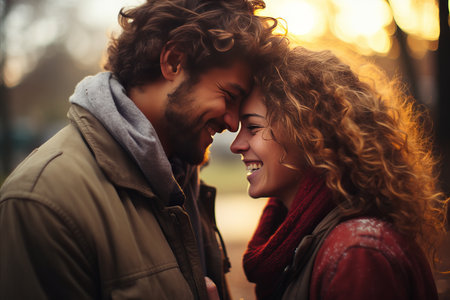 Delighted and Loving Man and Woman Enjoying a Heartfelt Moment of Laughter and Genuine Smilesの素材