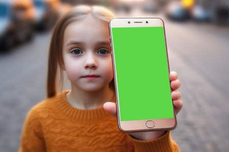 Serious little girl holding a phone in her hands with a green chromakey screen and looking at the cameraの素材