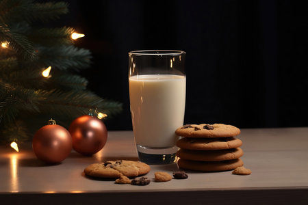 Close up view of glass of milk with cookies for Santa on the christmas decoration background with place for text. Copyspace.の素材