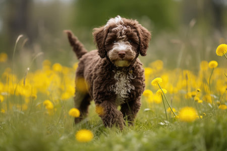 Lagotto romagnolo walking in the park, summer, looking at camera.の素材