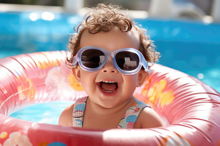 Joyful Child Wearing Trendy Sunglasses and Floating on an Inflatable Pool Ring in Clear Blue Waterの素材