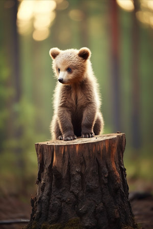 Captivating Vertical Photo of an Adorable Baby Bear Cub Exploring its Enchanting Forest Homeの素材