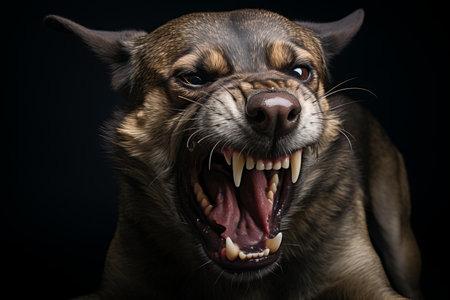 Aggressive dog baring teeth and growing in defensive stance.の素材