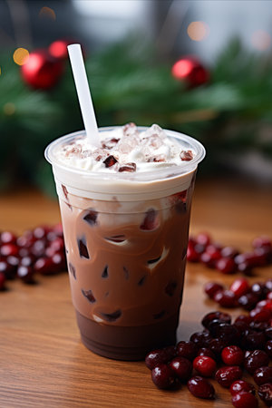 Vertical Shot. Delicious Iced Coffee Milkshake with Festive Christmas Decorationsの素材