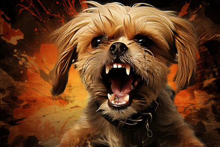 Aggressive dog baring teeth and growing in defensive stance.の素材