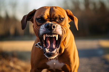 Aggressive dog baring teeth and growing in defensive stance.の素材