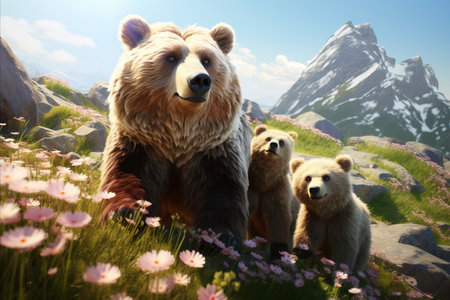 Mother Bear with Cubs Enjoying the Mountain Scenery Surrounded by Beautiful Wildflowersの素材