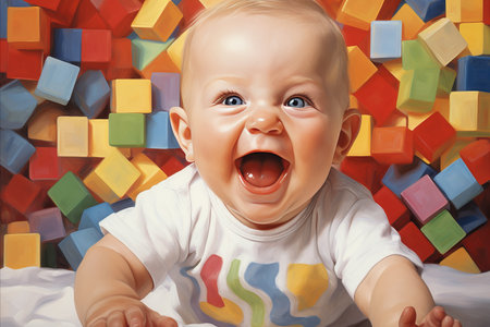 Cheerful happy Child Delightedly Engaging in Play with Vibrantly Colored Building Blocks.の素材