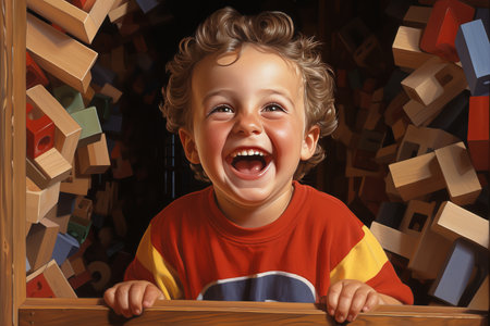 Cheerful happy Child Delightedly Engaging in Play with Vibrantly Colored Building Blocks.の素材
