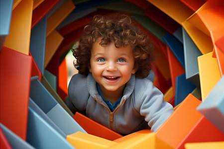 Cheerful happy Child Delightedly Engaging in Play with Vibrantly Colored Building Blocks.の素材