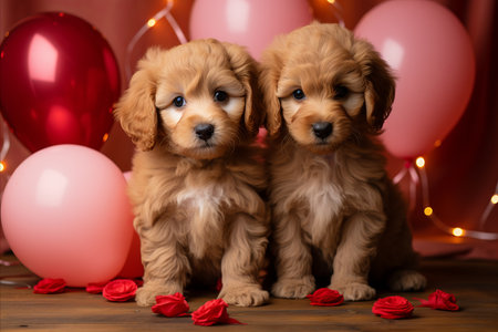 Charming Labrador Puppies Celebrating Valentines Day with pink Balloons.の素材