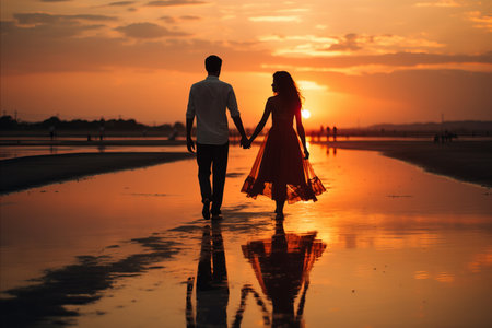 Romantic Beach: A serene beach scene with a couple walking hand in hand along the waterの素材