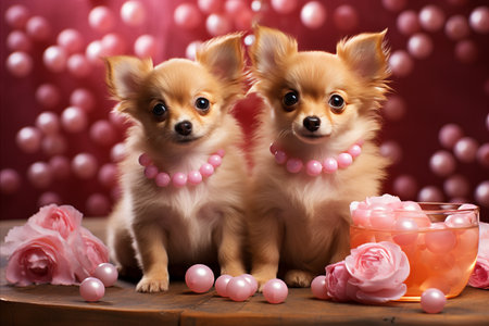 Cute Chihuahua Puppies Adorned with Pink Beads, Perfect for Valentines Day Card and Greetings.の素材