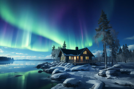 Stunning Winter Wonderland. Cozy House Illuminated by Mesmerizing Northern Lights in Snowy Landscapeの素材