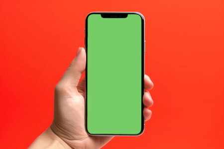 Phone in hand close-up with green chromakey screen on the red background. Hands holding modern smartphone with blank green screen as if demonstrating something at it. Mock up.の素材