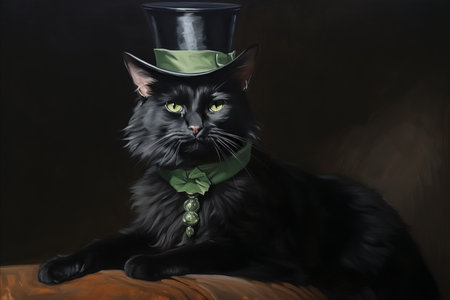 Feline Sporting a Vibrant Green Top Hat Embellished with an Enchanting Four Leaf Clover.の素材