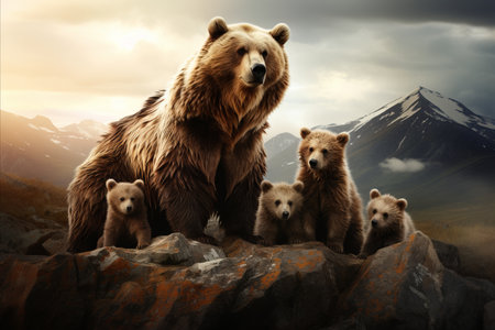 Grizzly Bears Family Adventure. Big mother Bear and Cubs in the Enchanting Mountain Landscapeの素材