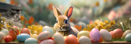 Cheerful Easter Bunny Banner with Colorful Eggs for Spring Celebration, Festive Promotions, copyspaceの素材