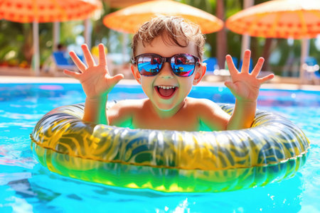 Joyful Child Wearing Trendy Sunglasses and Floating on an Inflatable Pool Ring in Clear Blue Waterの素材