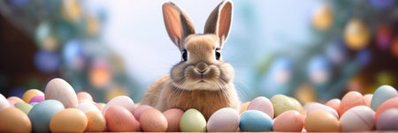 Cheerful Easter Bunny Banner with Colorful Eggs for Spring Celebration, Festive Promotions, copyspaceの素材
