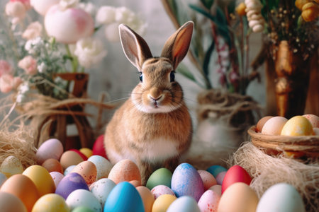 Adorable Easter Bunny with Colorful Eggs and Copy Space for Personalized Greetingsの素材