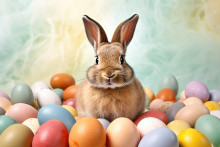 Adorable Easter Bunny with Colorful Eggs and Copy Space for Personalized Greetingsの素材