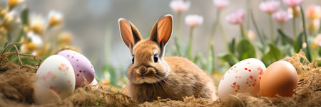 Cheerful Easter Bunny Banner with Colorful Eggs for Spring Celebration, Festive Promotions, copyspaceの素材