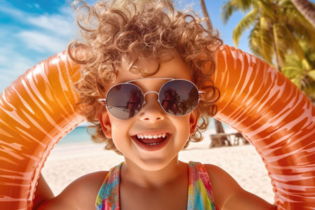 Happy Young Boy Enjoying Summer Vacation on Beach with Colorful Inflatable Pool Ringの素材