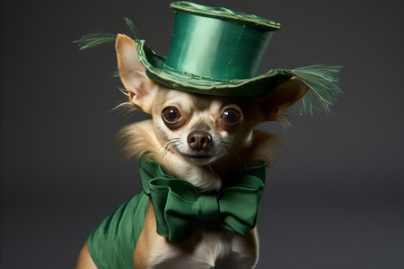 Lucky Chihuahua in Stylish Green St. Patricks Day Costume, with Adorable Top Hat and Classy Tieの素材