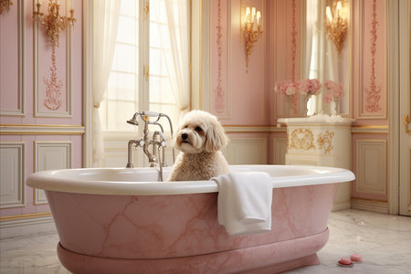 Luxurious Lagotto Romagnolo in a Spa Bathroom. Relaxation, Bathing, and Pampering in Styleの素材