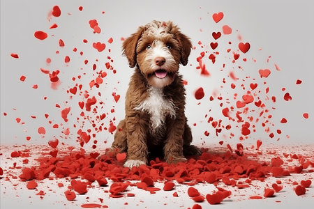 Lagotto Romagnolo Puppy with Red Hearts Background - Sweet and Charming Canine Imageの素材